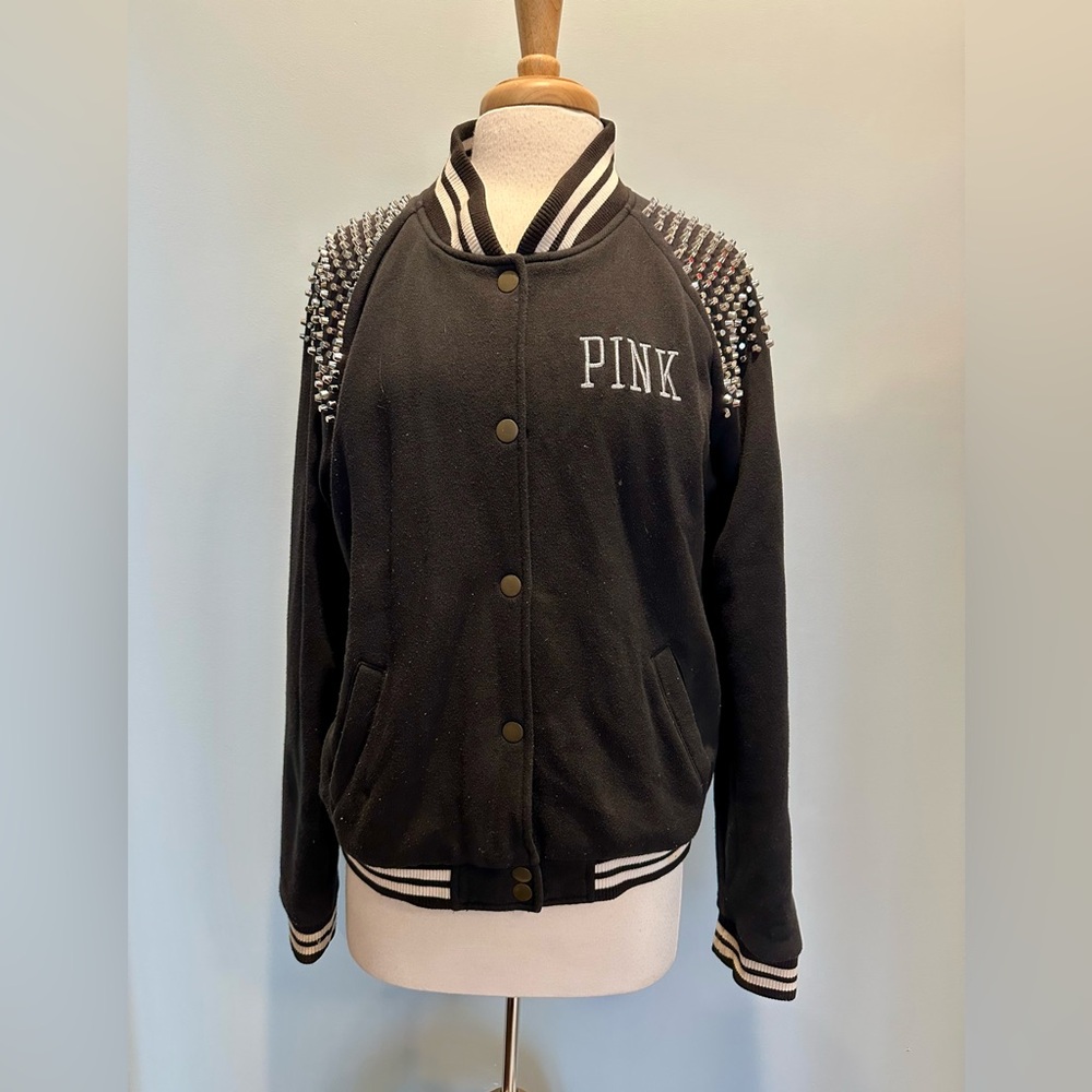 Victoria Secret PINK vintage rare black studded varsity bomber jacket size Large